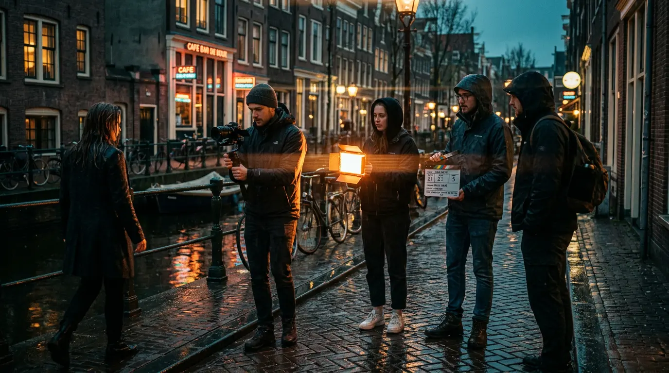 Een kleine filmcrew draait 's avonds een scène langs een natte Amsterdamse gracht
