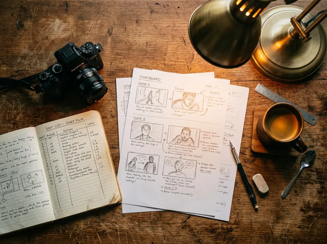 Storyboardschetsen, een shotlijst en een camera op een houten bureau